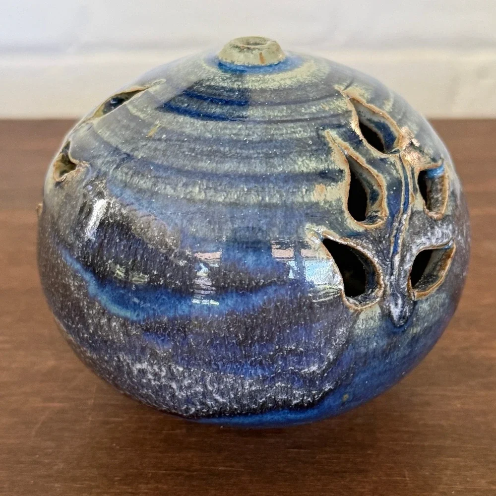 Bill Colby Pottery Blue Glazed Ceramic Potpourri Diffuser Leaf Cutouts Artisan